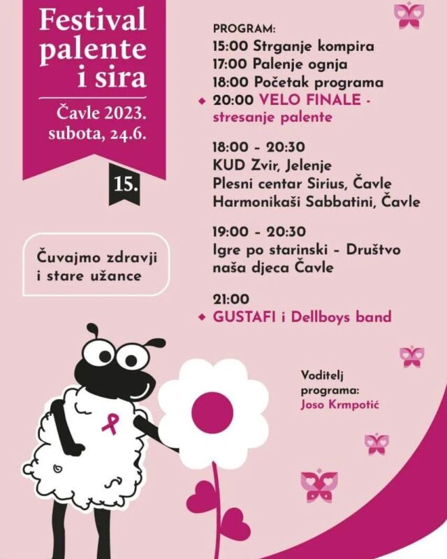 Vidimo se subotu, 24.06.2023. na  15. Festivalu palente i sira va Čavji 🍴🧀🥣
Čuvajmo zdravji i stare užance 🌼
#visitjelenje🦌 #visitcavle 
#visitgrobnik🗻 #visitkvarner #visitpgz 
#palentakunpirica #grobnickisir
#festivalpalenteisira