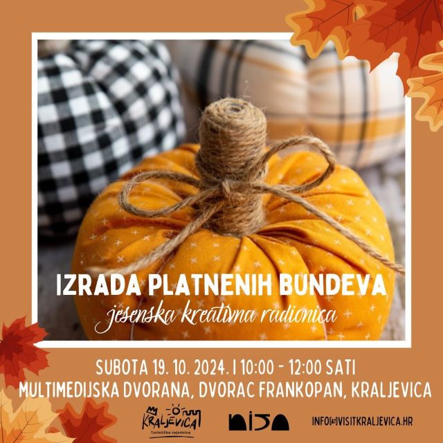 Ove subote donosimo jesensku kreativnu radionicu izrade platnenih bundeva! 🍂🍁🍄🍄‍🟫

Na kreativnoj radionici izrade bundeva polaznici izrađuju platnene punjene bundeve. Uči se šivati ručno i na mašinu, a nakon radionice polaznici su upoznati s takvom tehnikom izrade bundeva te posjeduju vlastoručno izrađene bundeve koje mogu krasiti neki kutak u domu i biti jedinstvena jesenska dekoracija. Osim bundeva moguće je izrađivati i gljive ili neki drugi jesenski motiv. Radionica je namijenjena djeci i odraslima. Djeca mlađa od 10 godina na radionici mogu sudjelovati u pratnji roditelja. Djeca starija od 10 godina mogu sudjelovati samostalno.

Radionica se održava u Multimedijskoj dvorani dvorca Frankopan i traje dva sata. Sudjelovanje je besplatno uz potrebnu prijavu, no sva mjesta (20) su POPUNJENA. Radionicu provodi Nisa Hrvatin Petrović nisadesign.hr. 

Pratite objave kroz tjedan jer ćemo obavijestiti ako netko otkaže sudjelovanje i pojave se slobodna mjesta! 😍

#visitkraljevica