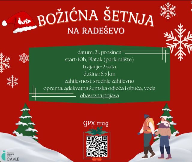 Turistička zajednica općine Čavle u subotu, 21. 21. 2024. organizira "Božićnu šetnju na Radeševo".🎅🎄Sudjelovanje je besplatno, a za sve šetače osigurali su božićne kapice i poklon 🎁 iznenađenja pa je stoga potrebna prethodna prijava na obrascu: 
https://forms.gle/TQLWbKqZmfM44pqm6

#visitcavle #opcinacavle #rsrtc_platak #pg_zupanija #goranskisportskicentar #platak