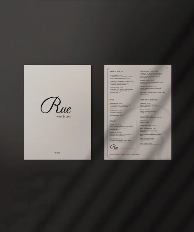 Vizualni identitet rue_wine_dine nastavlja se i kroz dizajn jelovnika.
Čist, elegantan i funkcionalan 🖤
.
.
.
.

#grad #studiograd #graphicdesign #graphicdesigner #grafickidizajn #graphicartist #visualidentitydesign #logo #logodesinger #logodesign #rijeka #visitrijeka #croatia